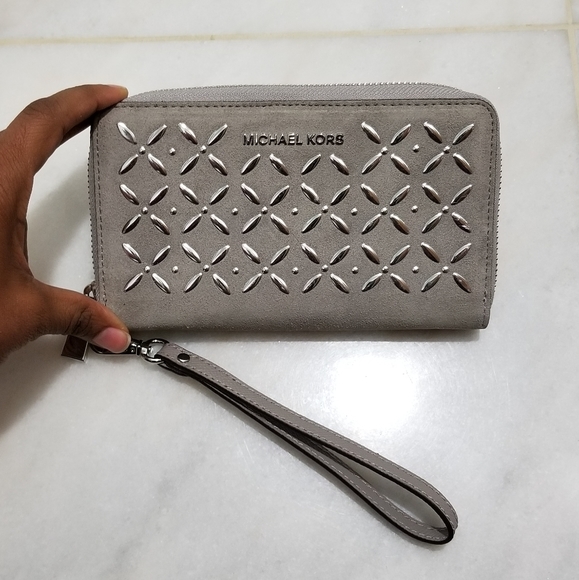 Michael Kors Embellished Suede Wristlet Grey - Picture 1 of 7